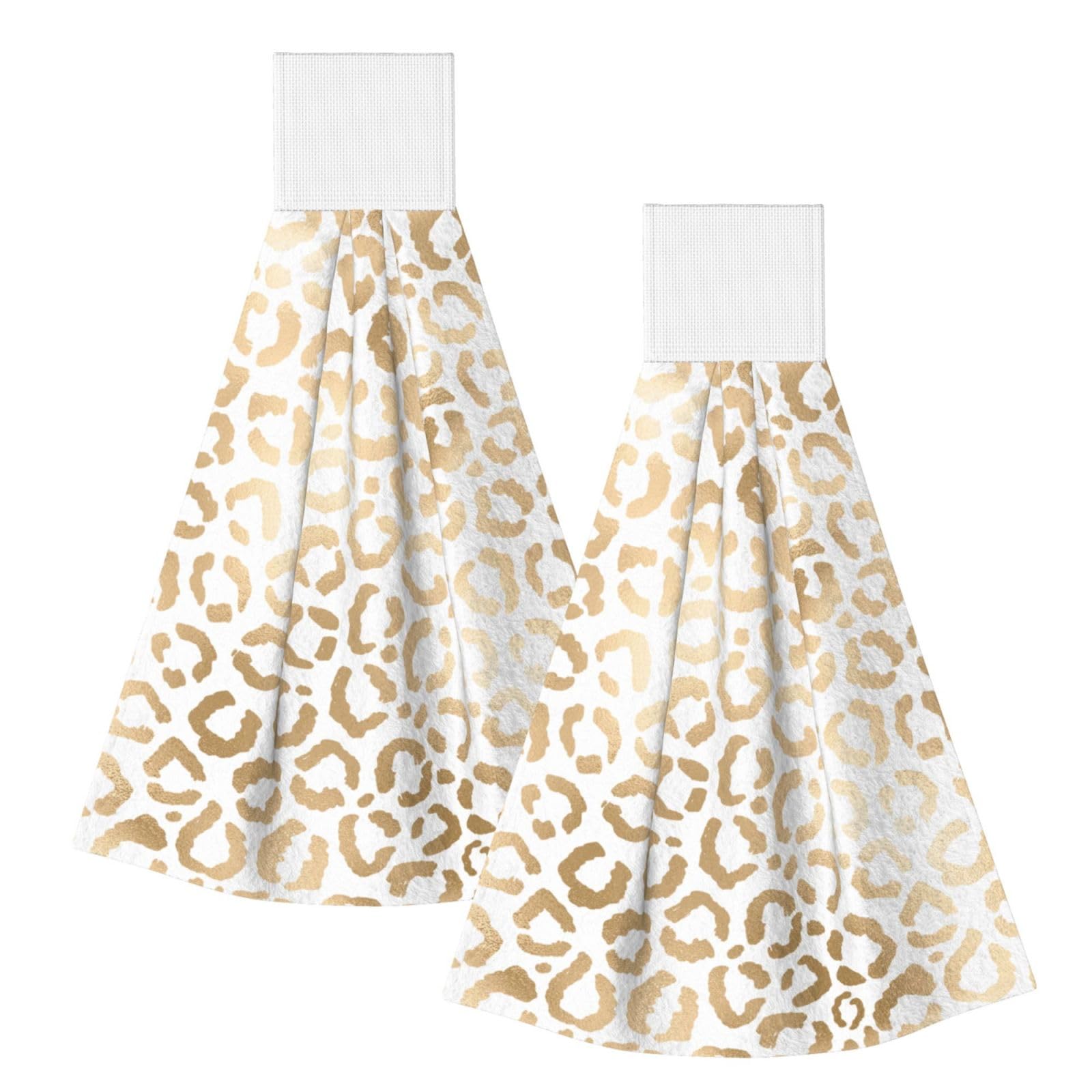DOPKLNA Elegant Gold White Leopard Cheetah, 2 Pcs Hanging Coral Fiber Hand Towels for Bathroom, Absorbent Kitchen Towels