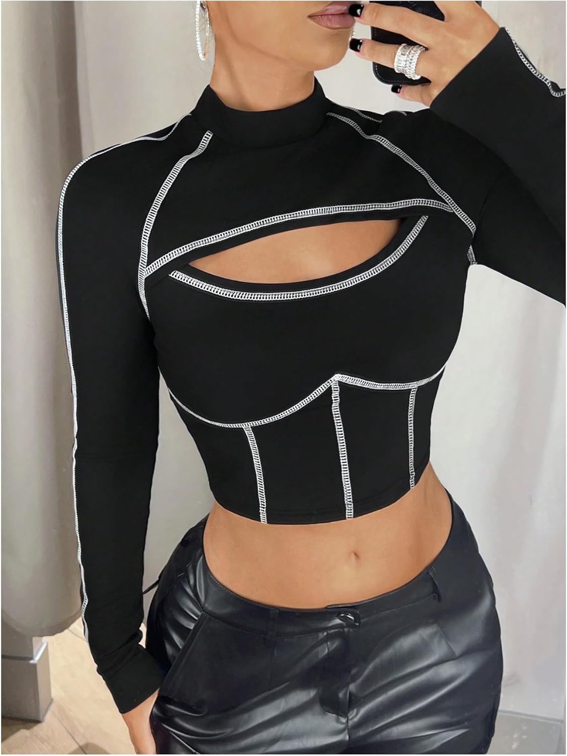 Milumia Women's Y2k Cut Out Long Sleeve Crop Top Contrast Binding Mock Neck Fitted T Shirts - Image 3