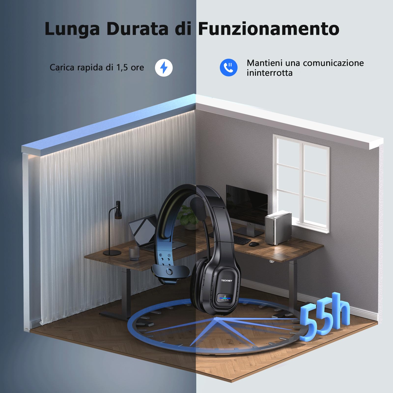 TECKNET Cuffie Bluetooth Senza Fili con Micro, Riduzione del Rumore Cuffie Audio 32-36 Ore di Autonomia per PC Portatile Computer/Call Center/Telefoni/Skype/Ufficio/Zoom/Camion Driver