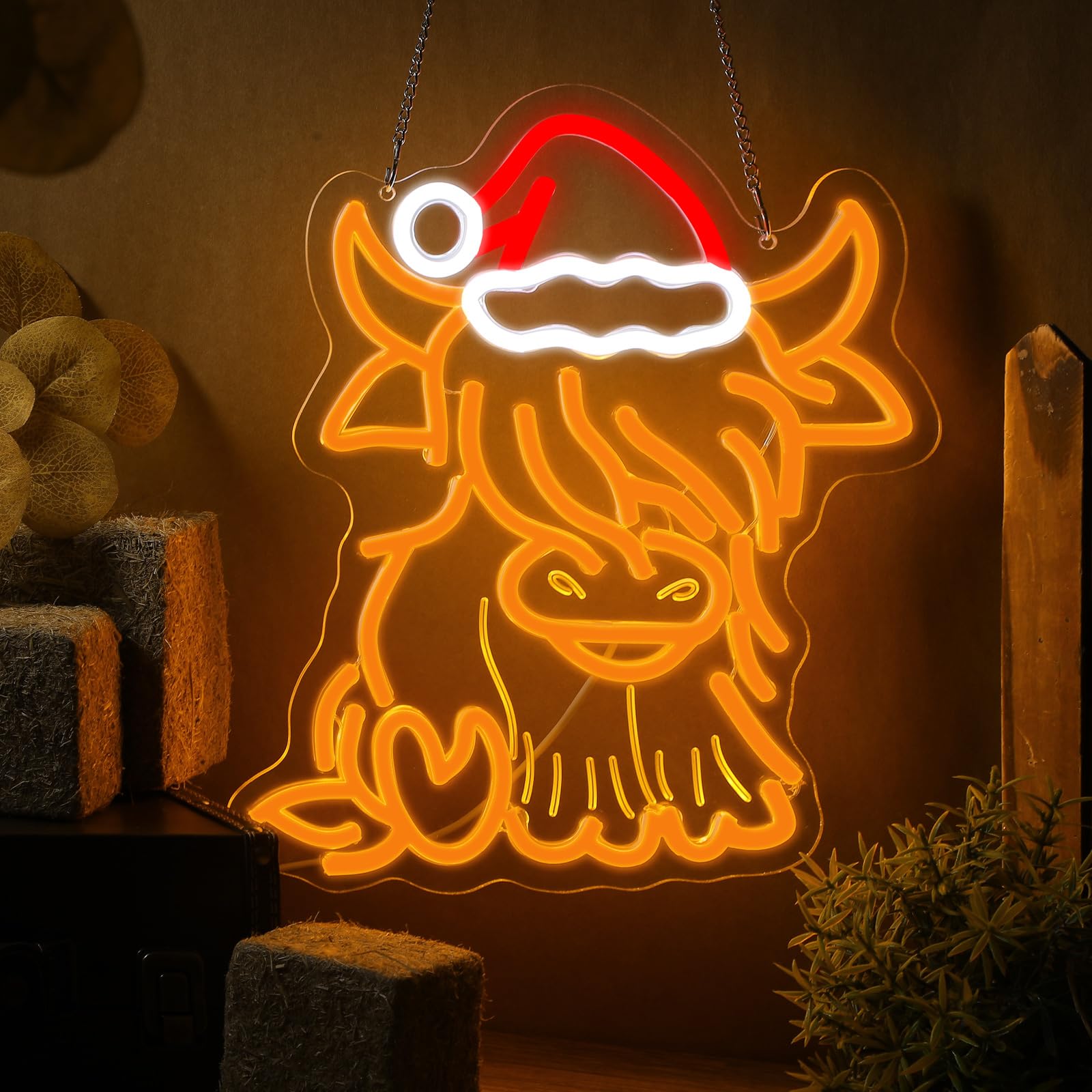 Riakrum Panneau néon en forme de vache des Highlands - Décoration de fenêtre de Noël pour chambre à coucher, salon, fête de vacances