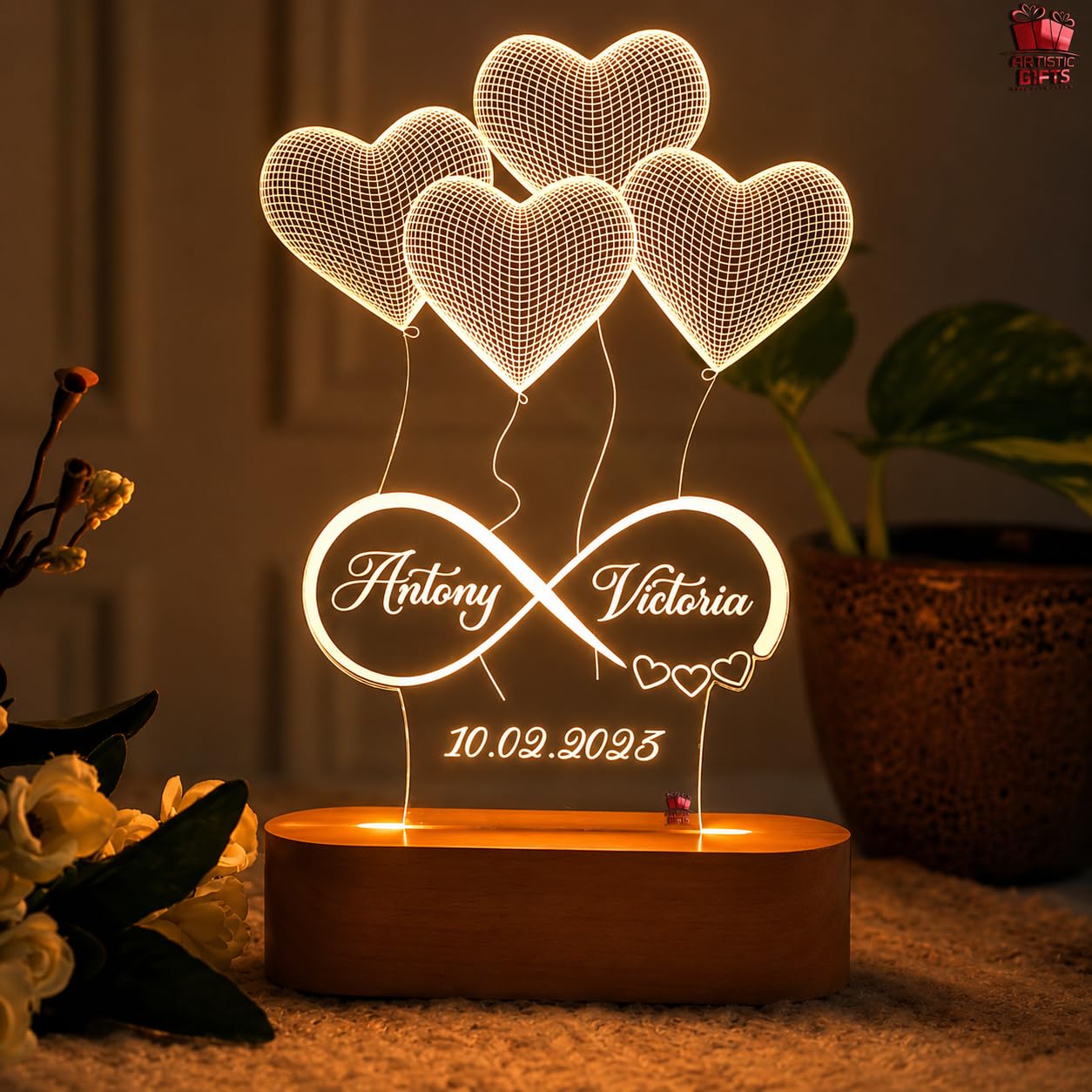 Artistic Gifts 3D Illusion Personalized LED Heart Lamp for Couples Marriage Anniversary| Customized Anniversary Love Couple Gifts Valentine Day Special Wedding Gift for Wife, Husband, Parents, Friend.-image-8
