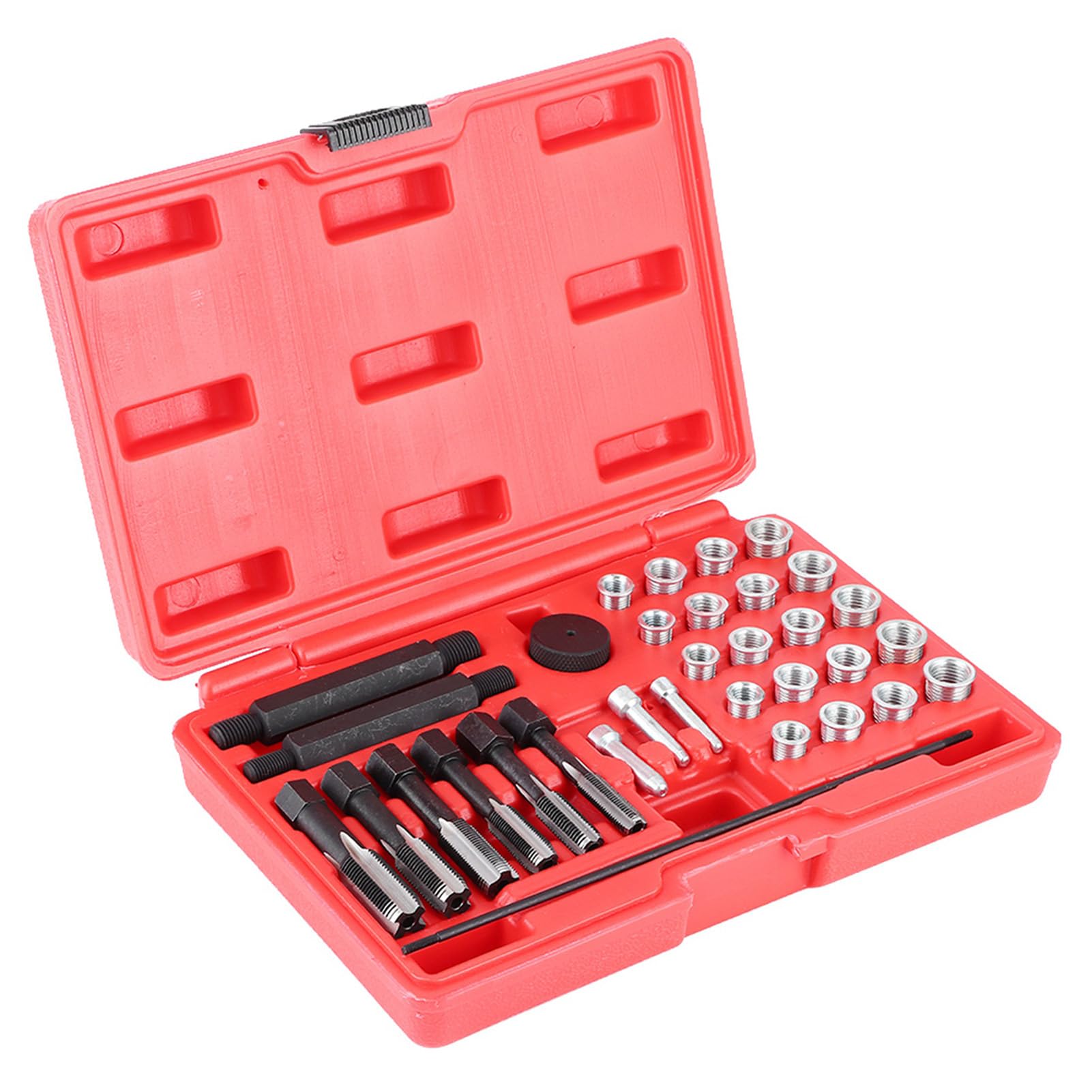 Jeffergarden Kit de Reparación de Roscas de Bujías Incandescentes de Acero y Acero A3 Juego de Controladores de Inserción de Bujías Incandescentes, 33 Piezas con 6 Grifos, 4 Tamaños de Inserción y