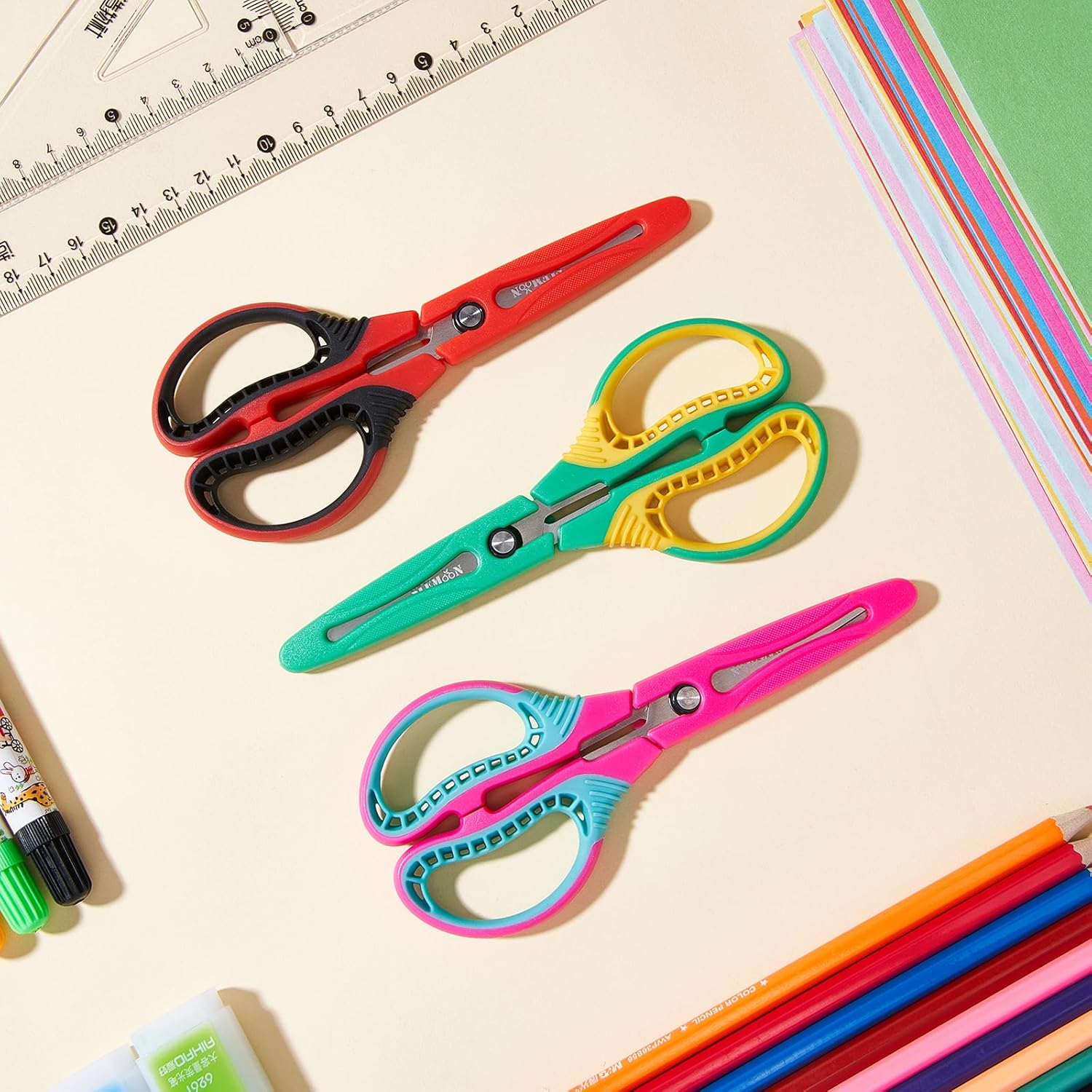 Kids Scissors for Age 6+, 6" Blunt Tip Scissor with Cover, 3 Pack | Stainless Steel Blades, Ambidextrous Soft Grip Safety Children Craft Scissors for School Home Art Office Supplies