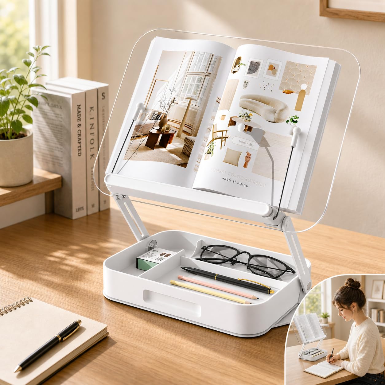 Sunchhaya Acrylic Book Stand for Reading – Clear Adjustable Book Holder with 360° Rotating Base, Foldable Reading Stand for Desk, Cookbook, Tablet & Laptop Stand, Height & Angle Adjustable (R22H)