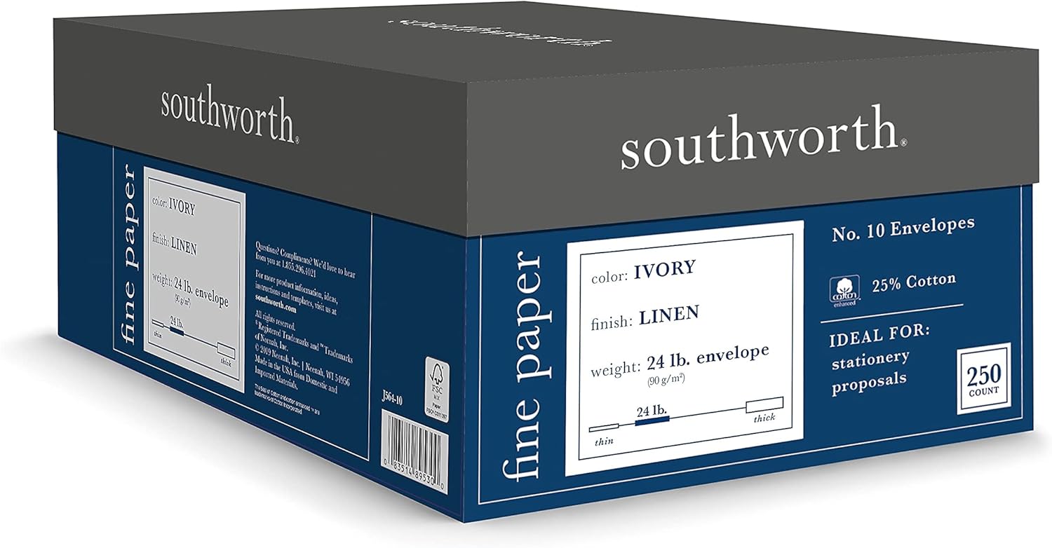 Southworth J56410 25% Cotton #10 Envelope Ivory 24 lbs. Linen 250/Box FSC