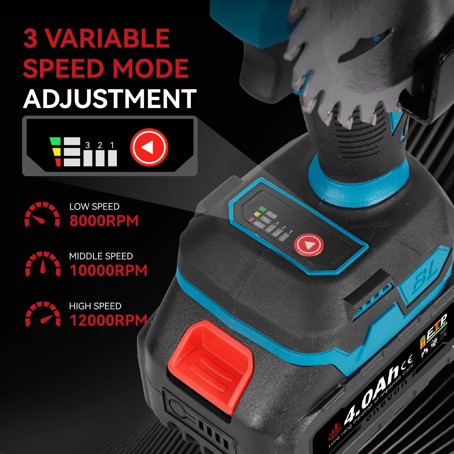 ONEVAN Amoladora angular eléctrica de 4 pulgadas con motor sin escobillas y dos baterías de 4 mAh, potencia 900 W, velocidad 12.000 rpm, viene con 7 hojas de sierra