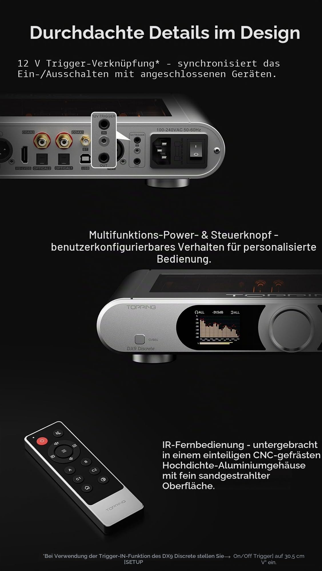 Topping DX9 Discrete Vollständig symmetrischer DAC-Kopfhörerverstärker-Kombi DSD512 PCM768 16-Element-PSRM Zehnband-Hochpräzisions-PEQ mit Fernbedienung (Schwarz)