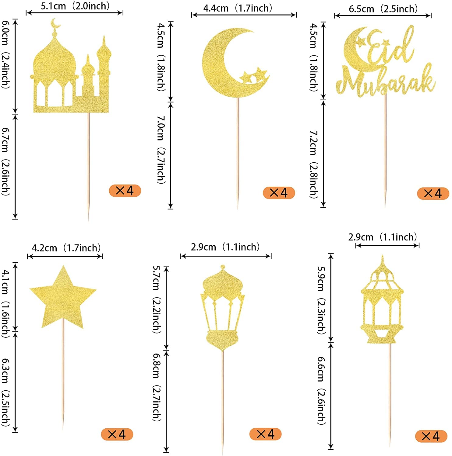 SYKYCTCY 24 Pack Eid Mubarak Cupcake Toppers Glitter Star Ramadan Kareem Cupcake Pick Moon Star Eid Islamic Muslim Theme Party Cake Decoration Supplies Gold - Image 2