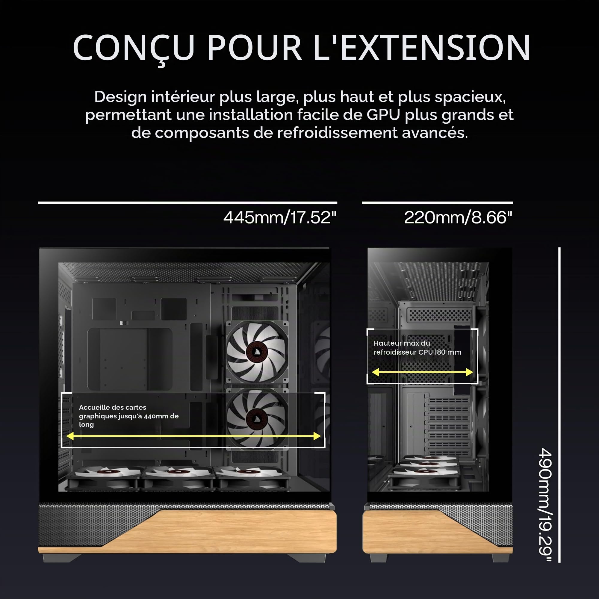 KEDIERS ATX Boîtier PC de tour moyen, 5 ventilateurs ARGB PWM de 120 mm pré-installés, panneaux en bois de noyer imprimés, verre trempé panoramique, compatible avec la carte mère à connexion inversée
