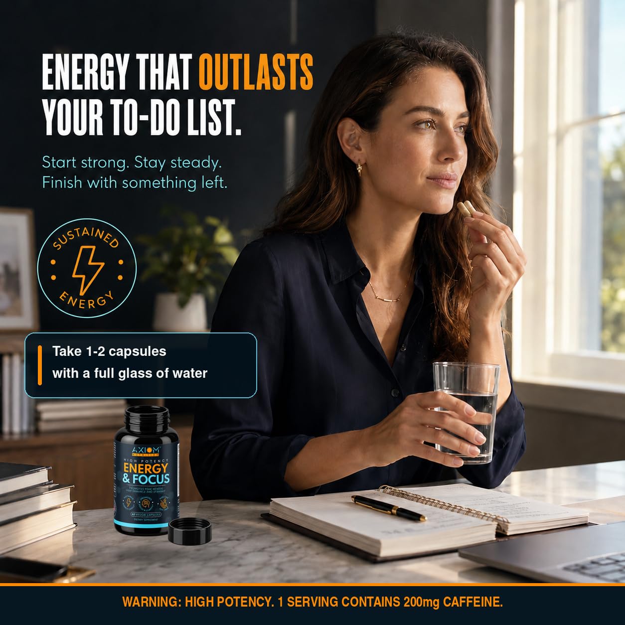 Energy and Focus - Extra Strength 200mg Caffeine and Lions Mane Mushroom Supplement, 60 Capsules - with Alpha GPC, L-Theanine, L-Tyrosine to Support Brain Function and Concentration — Amazon image 3