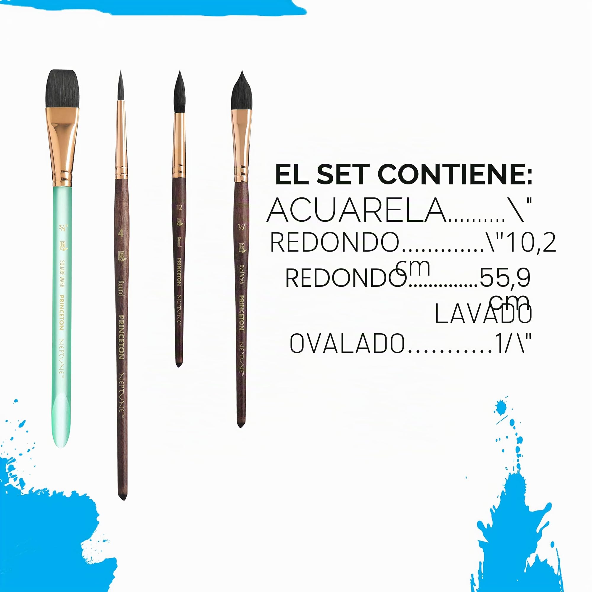 PRINCETON Neptune, Pinceles para acuarela de bellas artes, Ardilla sintética, Set de 4 pinceles, mango corto, Funda de plástico, 4 unidades