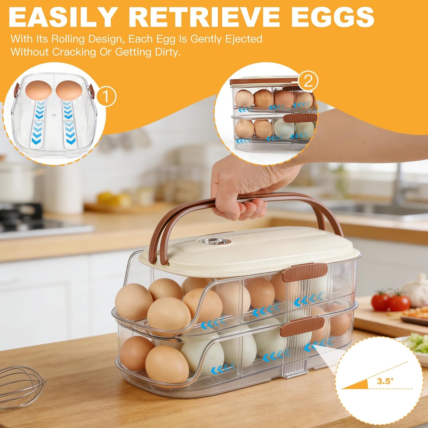 Egg Holder For Fridge, Clear Egg Organizer For Refrigerator With Lid And Handle, Automatic Rolling Eggs Holder For Fridge, Eggs Container For Counter Top, Kitchen, Outdoor (Double Column)