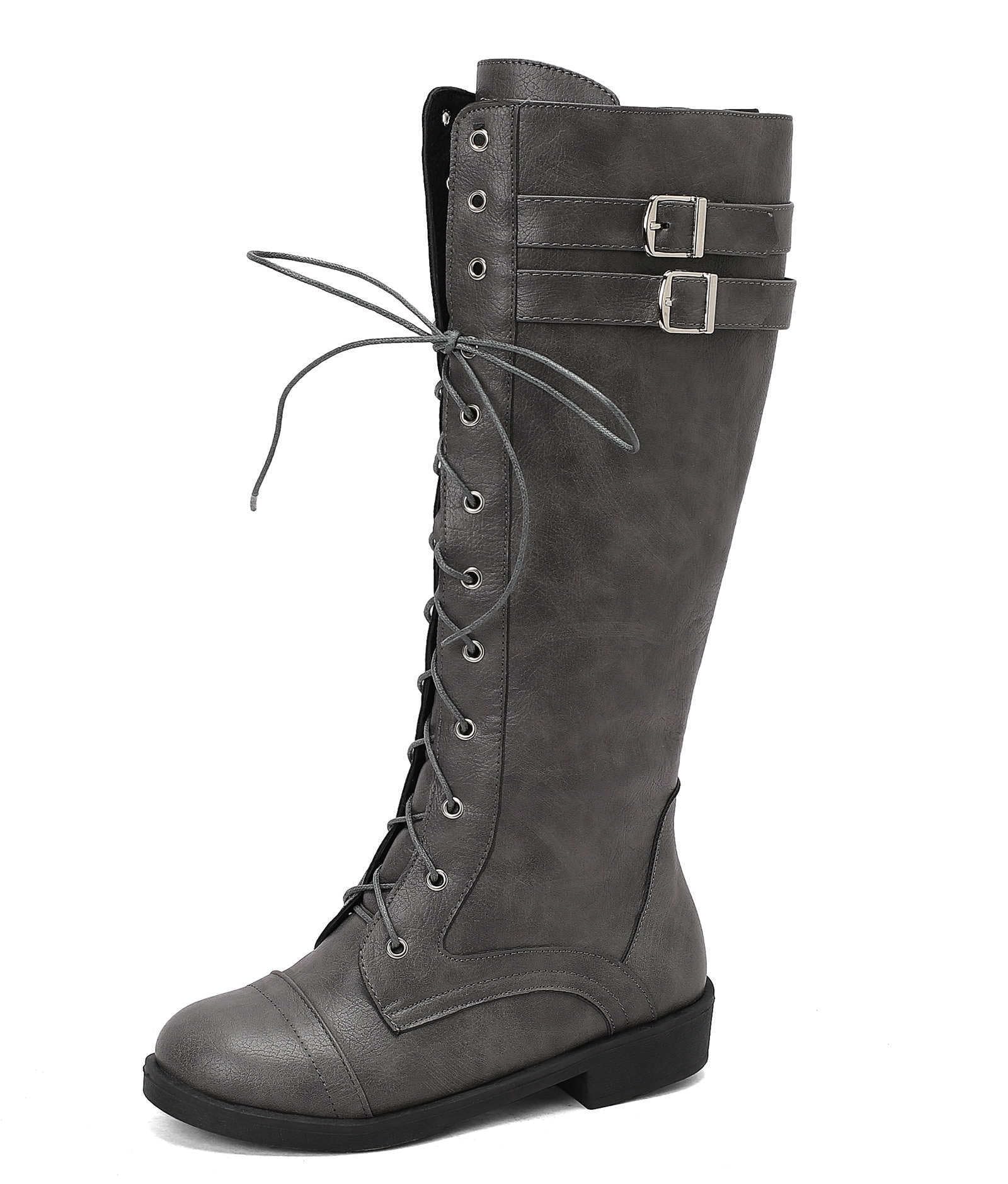 Womens Knee High Riding Combat Boots Lace Up Side Zip-up Buckle Booties