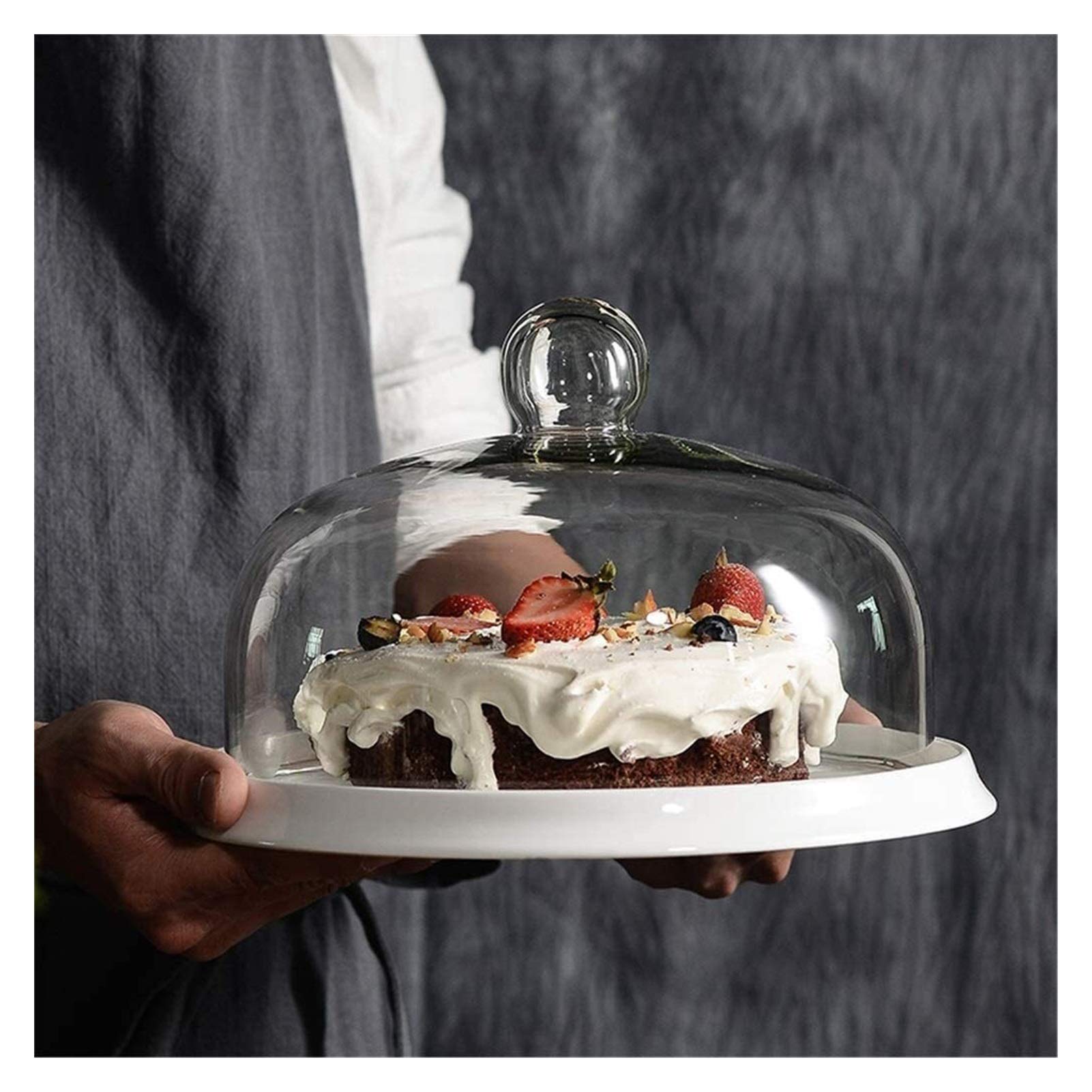 European Cake Stand with Dome, Cake Stand Cake Dome, Simple Fruit Dome Dust Dome Ceramic Tray Restaurant Living Room Dome Cheese Bread Dome, Multifunctional Serving Platter (Size : 16 * 16 * 11CM)