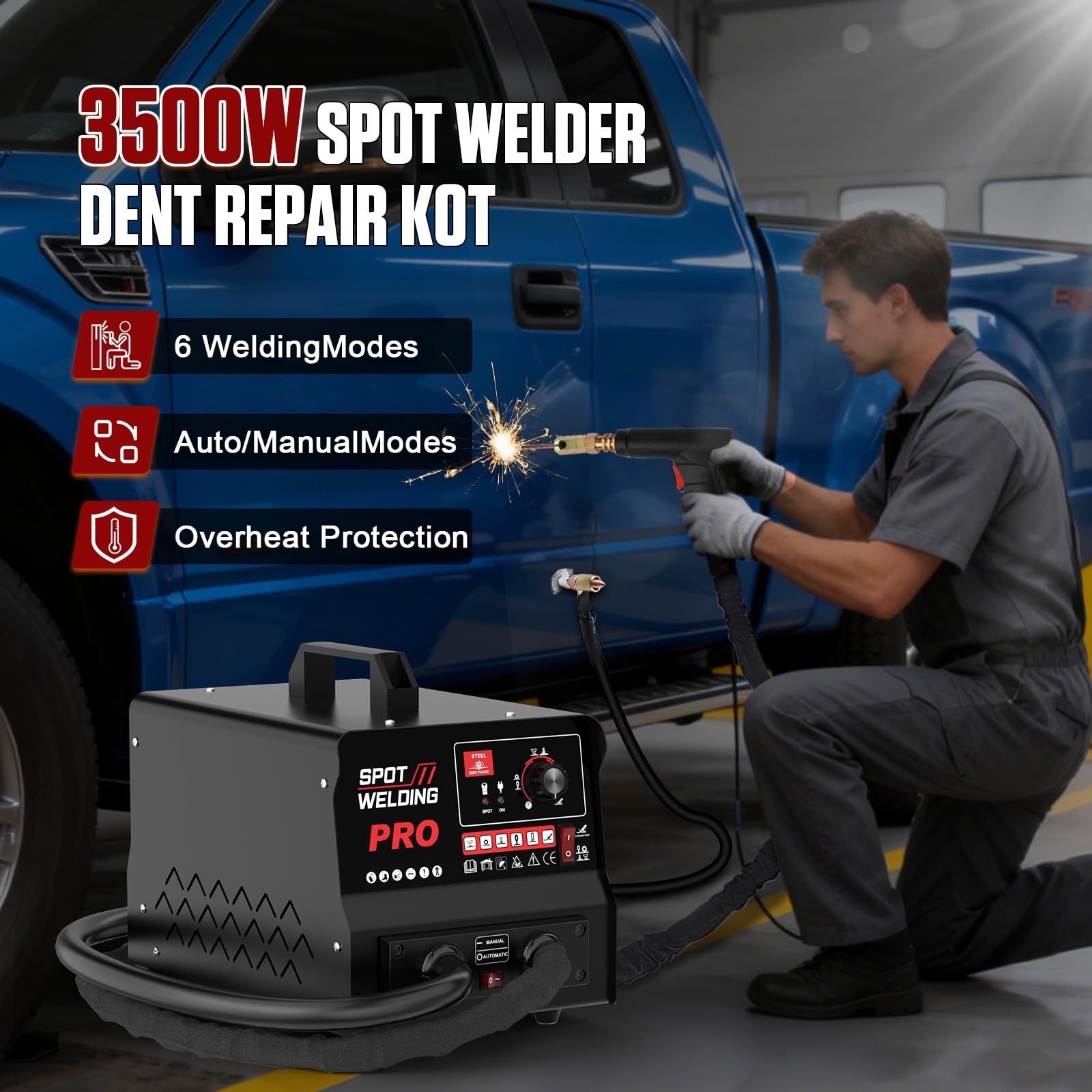 3500W outil de debosselage carrosserie pour réparation de bosses, tire clou carrosserie auto/manuel sans abîmer la peinture à 6 modes, soudeuse par point 220V 3800A, protection surchauffe
