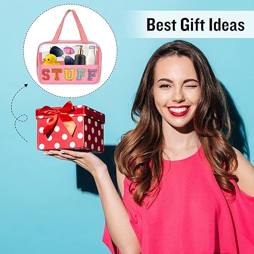 Miniatura 7 de Preppy - Bolsas de maquillaje transparentes con parches de letras de felpilla bolsa transparente con cremallera con asas nailon y PVC impermeable