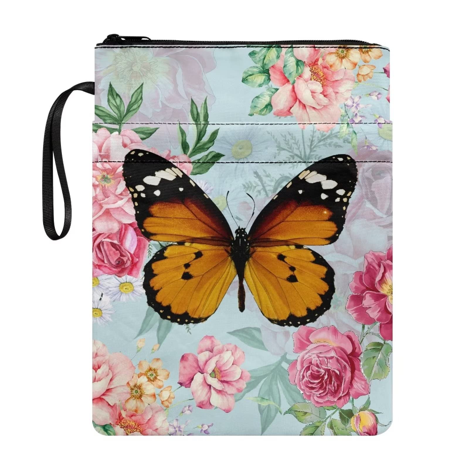 SEANATIVE Butterfly Print Book Sleeve with Zipper for Women Peony Floral Paperback Book Cover Portable Washable Book Protector Pouch