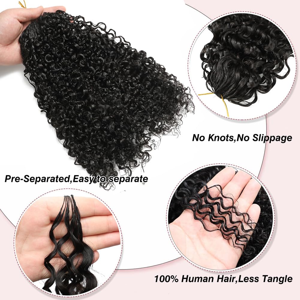 Feather Crochet Human Hair 16 Inch 120g Afro Kinky Curly Knotless Pre‑Separated Invisible Crochet Bundles Lightweight Reusable Hair Extensions for Women Natural Black