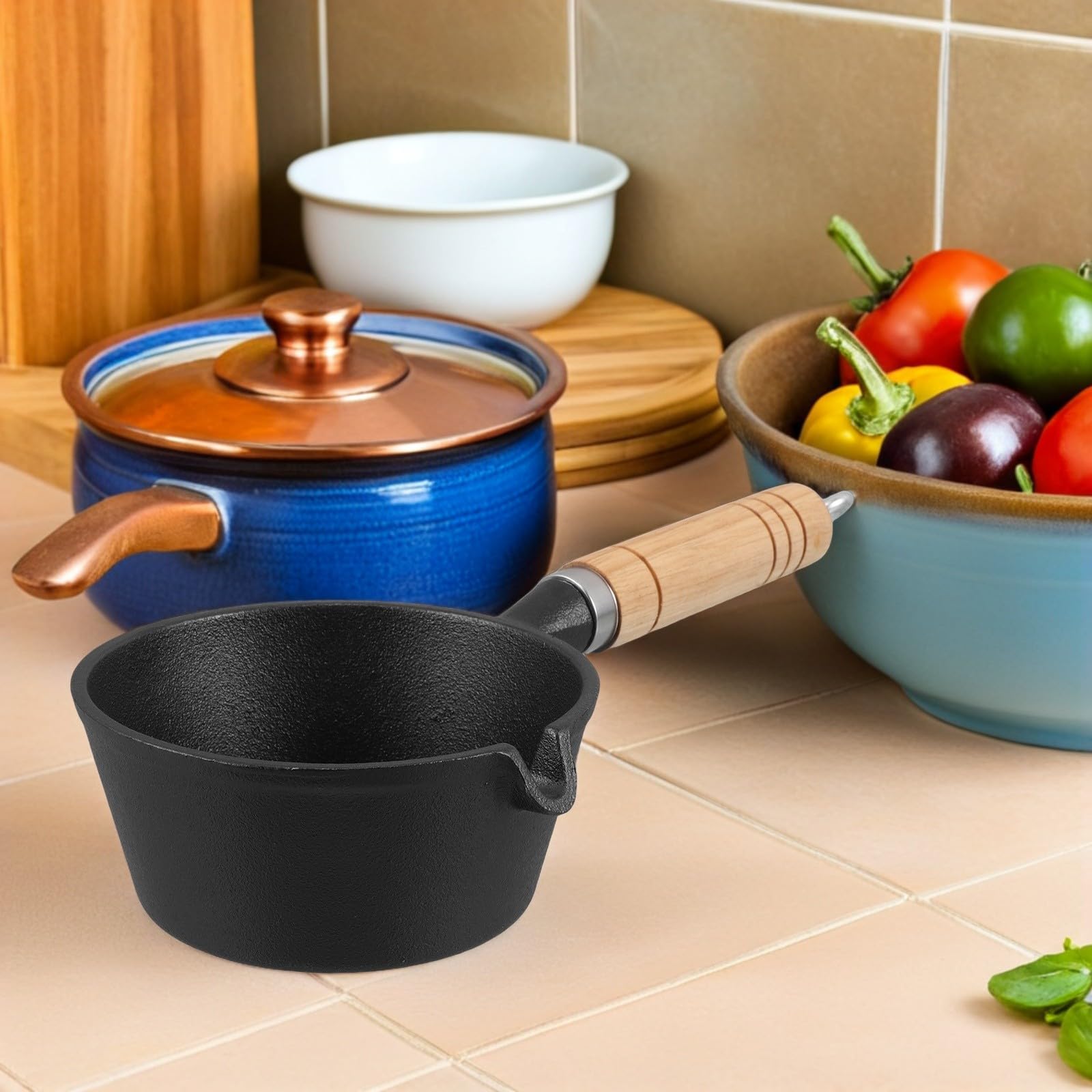 GALPADA Gusseiserne Kleiner Bratpfanne mit Holzgriff 13cm für Induktion und Gasherd Vielseitig als Butterwärmer und Eierpfanne für Hausgebrauch
