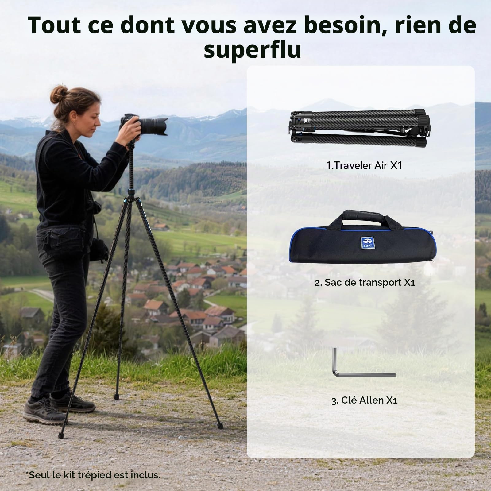 SIRUI Traveler Air Trépied pour appareil photo en carbone avec tête inclinable KV-5, ultra léger de 1,33 kg, hauteur maximale de 152 cm, capacité de charge de 5 kg, trépied de voyage compact pour