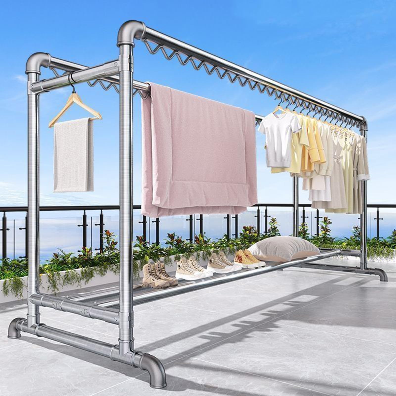 Heavy Duty Clothes Rack with Windproof Hooks, Metal Clothes Rack with Double Pole, Clothes Drying Rack with Storage Shelf for Home, Courtyard, Bedroom Indoor Outdoor, 200KG Load Capacity