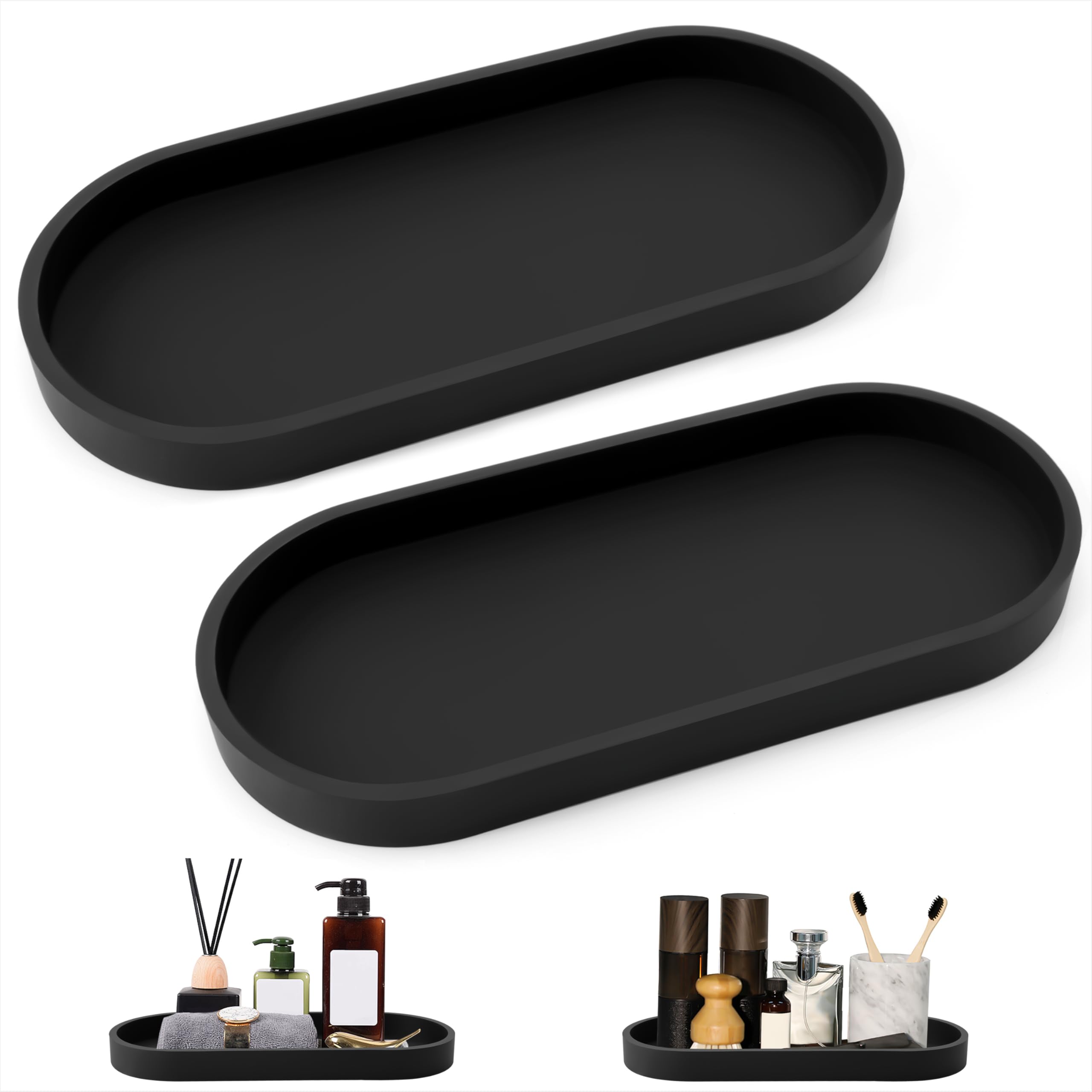 Bathroom Trays Silicone Vanity Trays Oval Countertop Sink Storage Tray Organizer for Perfume Candles Soap Towel Plant Cosmetic 2 Pieces Black