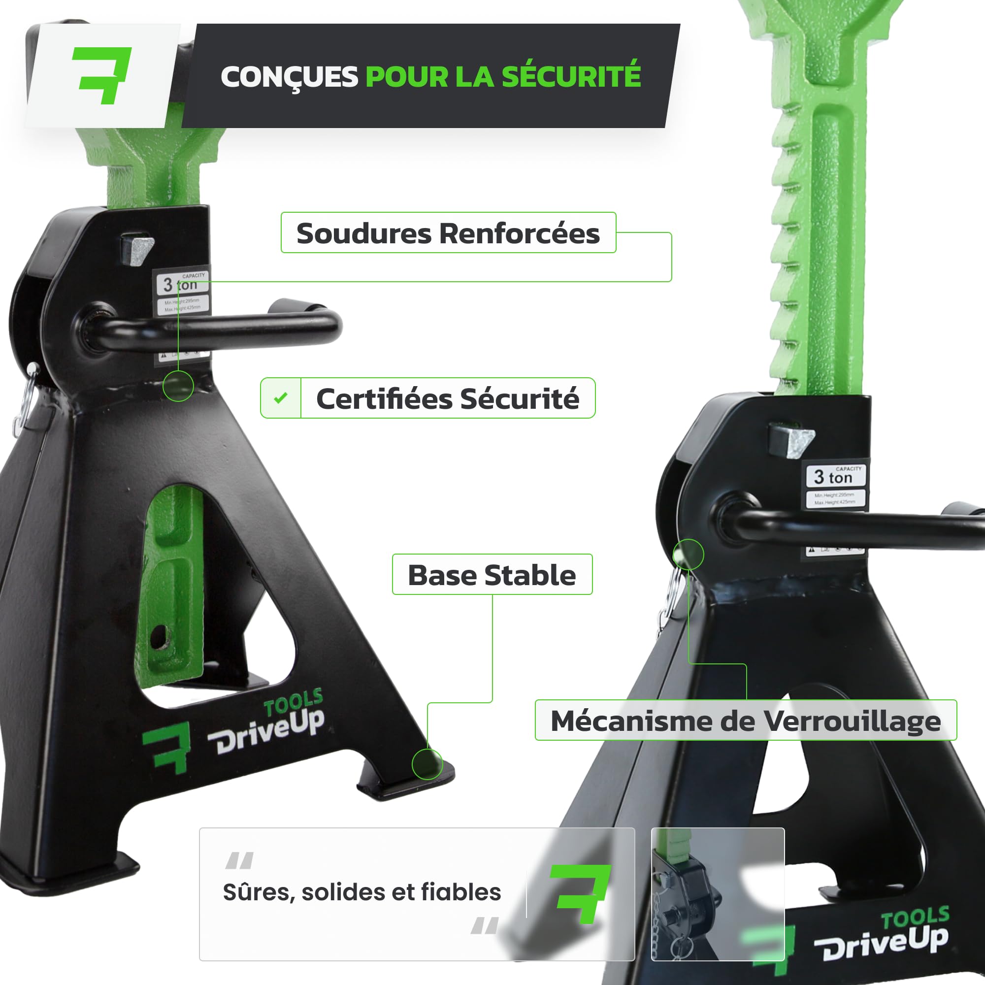 Cavalletti Auto 3T con Tampone in Gomma | Set di 2 Cavalletti Stabilizzatori | Altezza Sollevamento 28-42 cm | Supporto Auto | 3 Tonnellate (6600 lbs) | Cavalletti per Assi (x2)