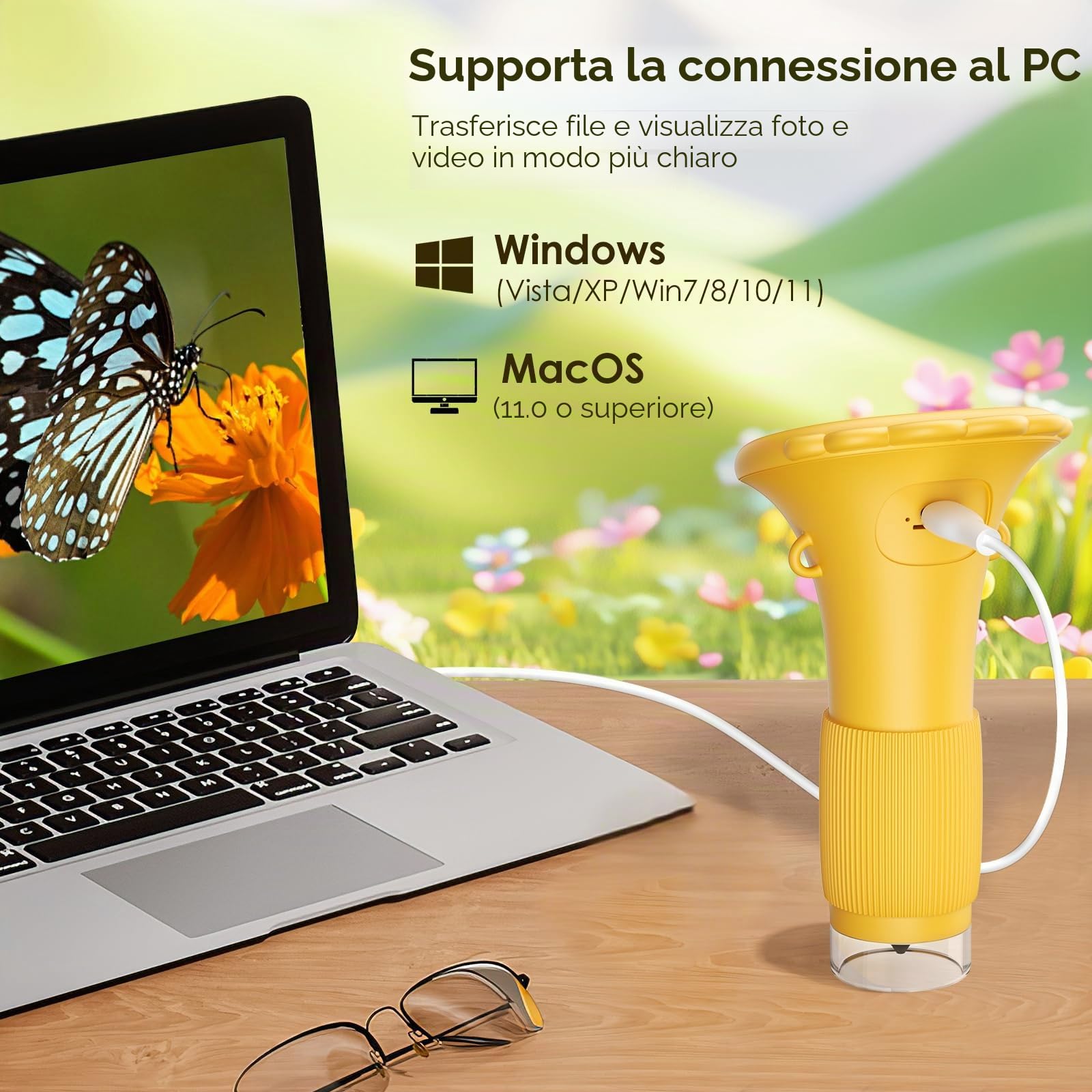 Mini microscopio per bambini, con zoom 1000x, tascabile/portatile, con schermo IPS da 2,0", USB, LED, porta per PC, per esterni, per bambini dai 3 anni in su
