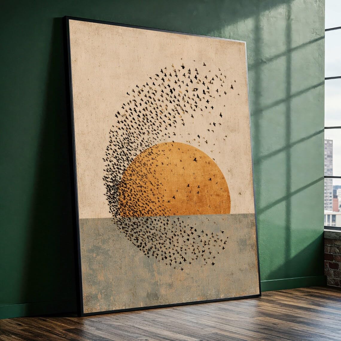 XBTYKPB Abstract Sunset Canvas Wall Art, Flock of Birds Silhouette, Nature Canvas, Geometric Circle Design, Home Decor Painting(21x30cm/Frameless)