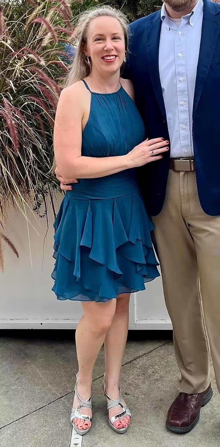 Chiffon Short Bridesmaid Dresses for Women 2026 Halter Cocktail Dresses Ruffle Formal Wedding Guest Dress with Pockets