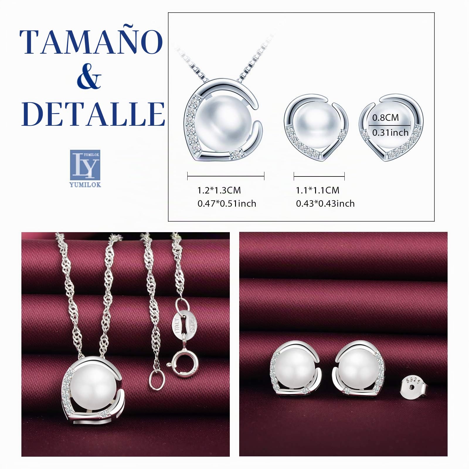 Yumilok Collar de Perlas y Pendientes de Corazón, Plata 925, Mujer, Niña, Pendientes de Perlas circonita con Incrustaciones