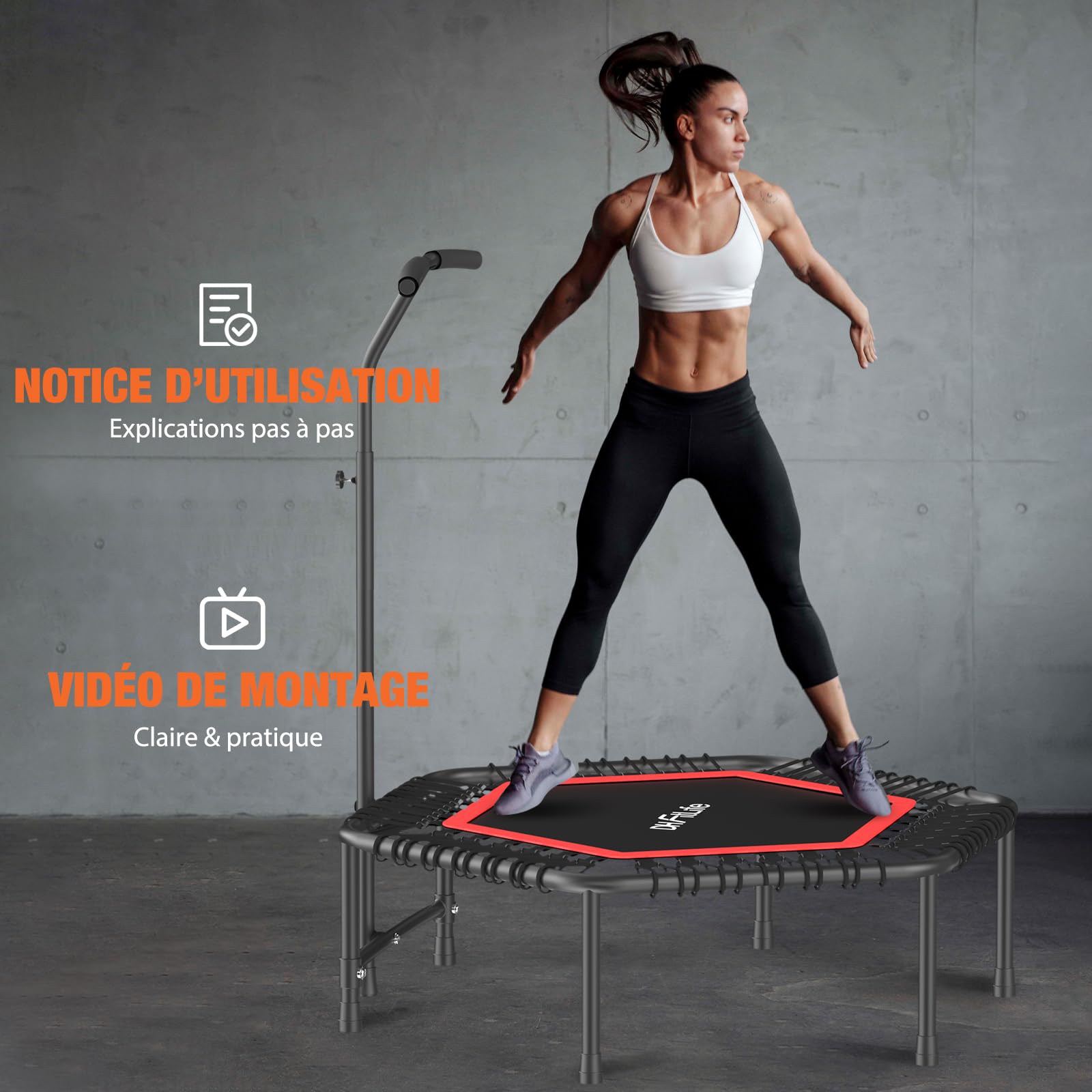 DH FitLife Trampoline Fitness Indoor | Ø114cm 45 Pouces Mini Trampoline | Capacité 150 KG | avec 3 Niveaux de poignée réglables | Stable et Silencieux