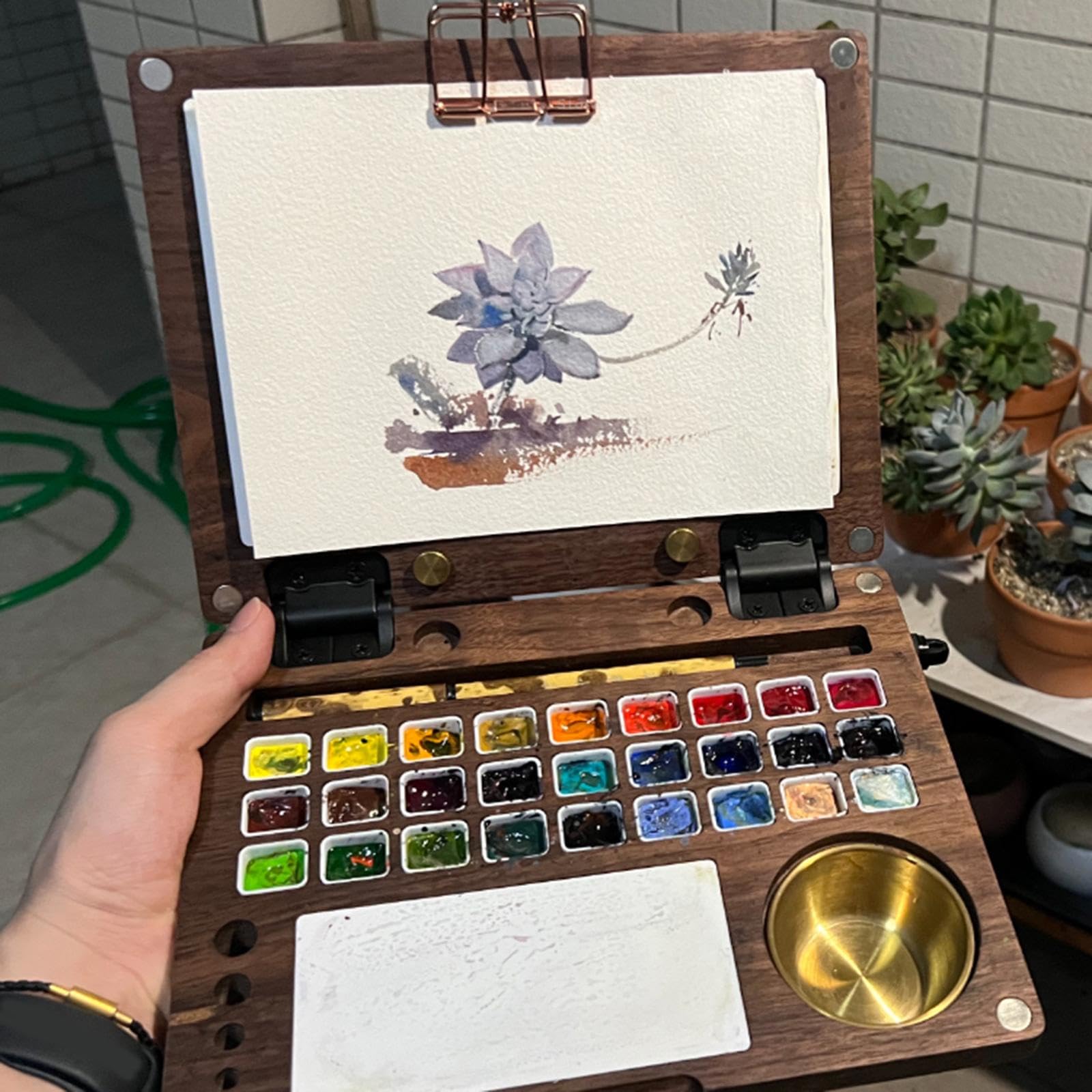 Palette Aquarelle 27 Cases, Récipient en Bois pour Peinture Acrylique et Huile