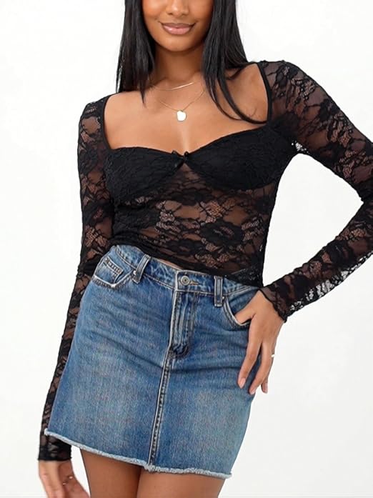 Top Crop Femme Y2K – Dentelle Résille Noeud, Manches Longues, Transparent, Nude