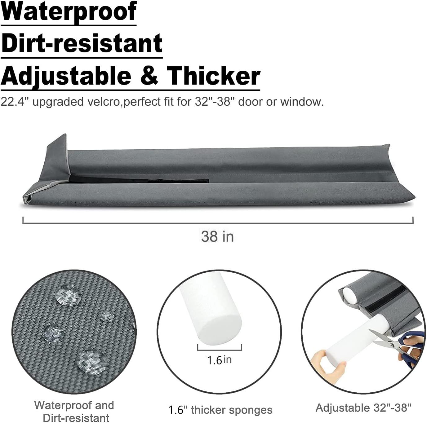 WEXHUG Waterproof Twin Door Draft Stopper Adjustable Size 30" to 36" Weather Stripping Noise Blocker Window Breeze Blocker (Gray)