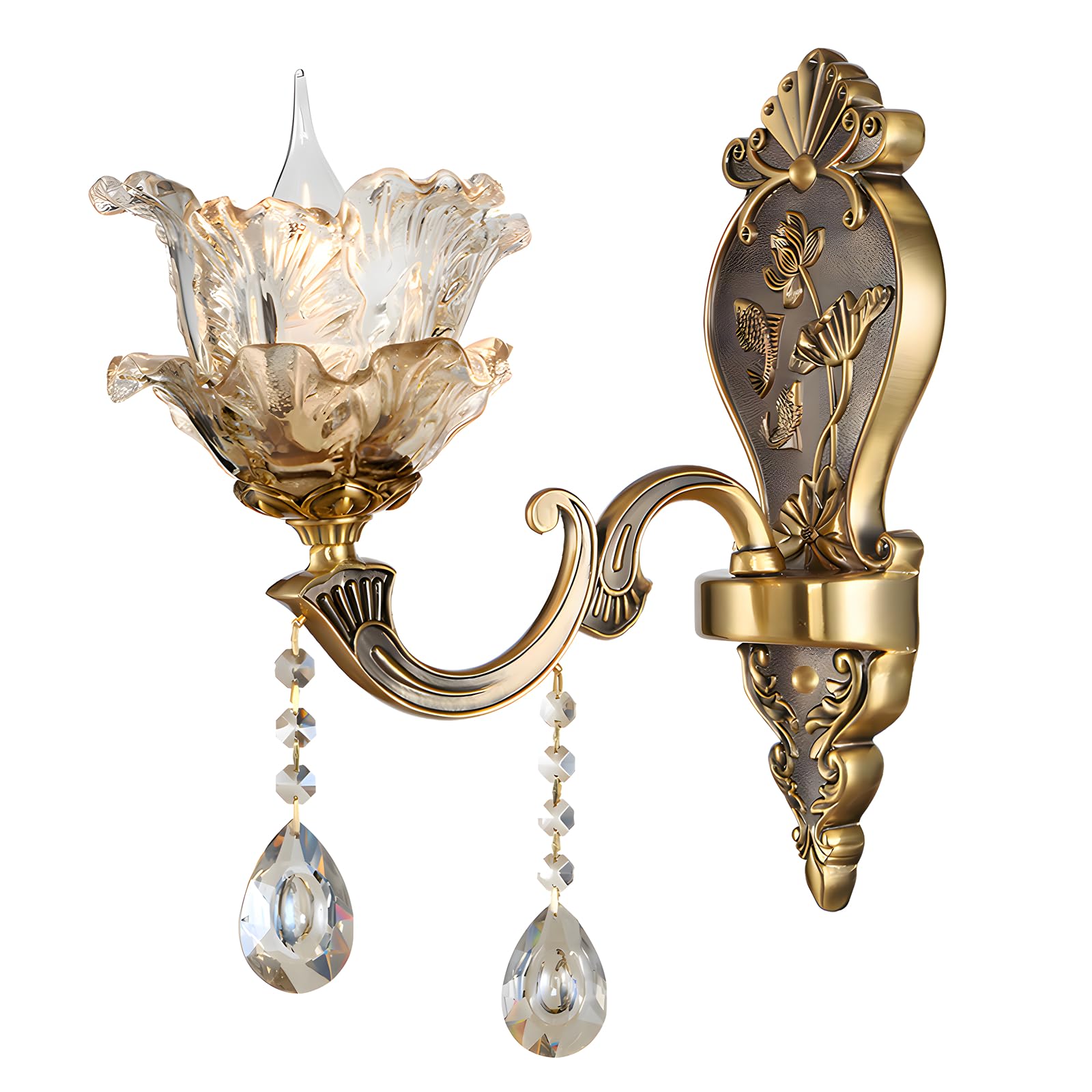 WayLuoung Lámpara Pared Floral Vintage, 1 Cabeza Pantalla Cristal Aplique Pared Luz Retro Color Bronce Dorado Decoración Lámpara Pared Metal Mesita Noche Sala Estar Restaurante(Base E14 Sin Bombilla)