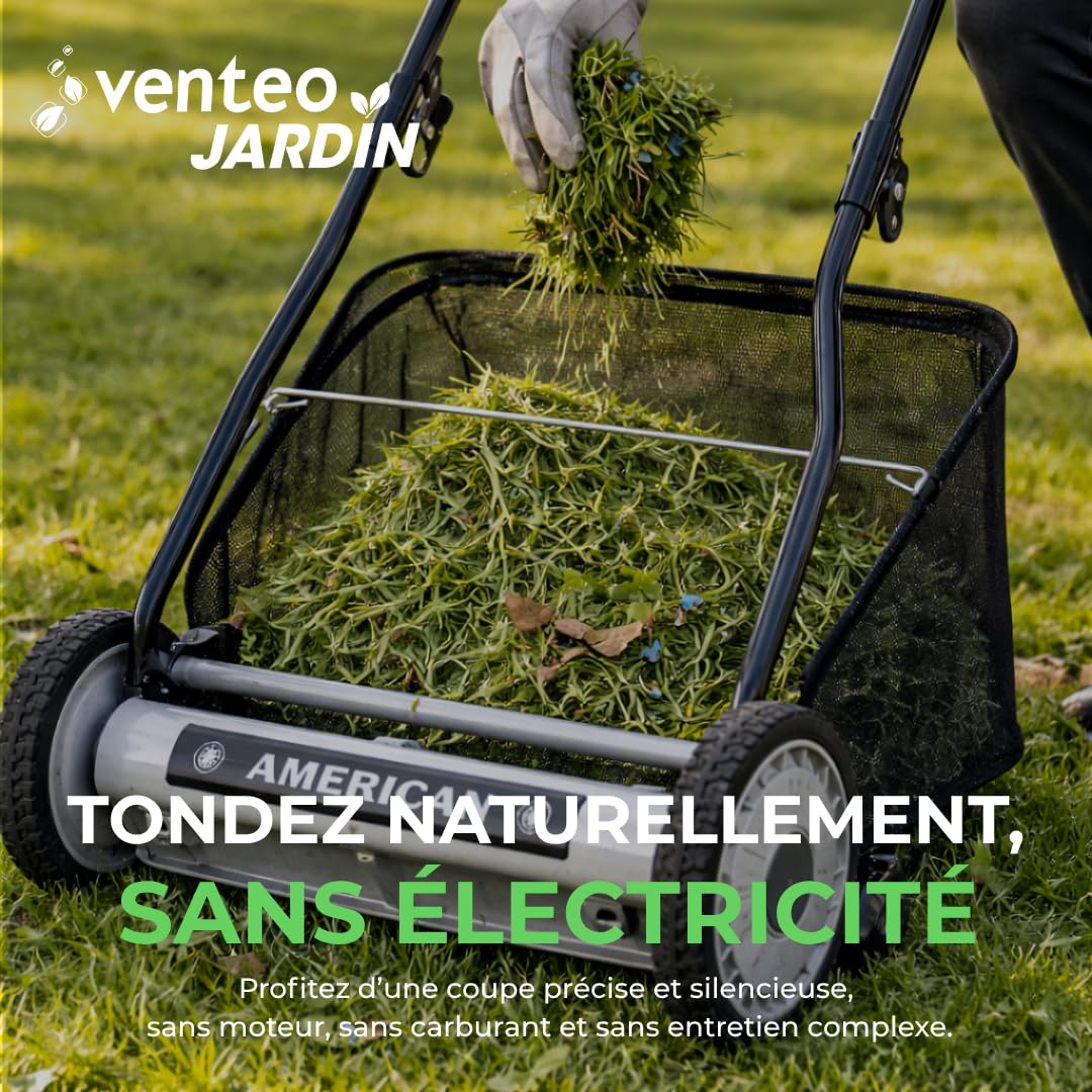 VENTEO Tondeuse Hélicoïdale Manuelle 45cm 5 Lames Bac Amovible Réglage Hauteur