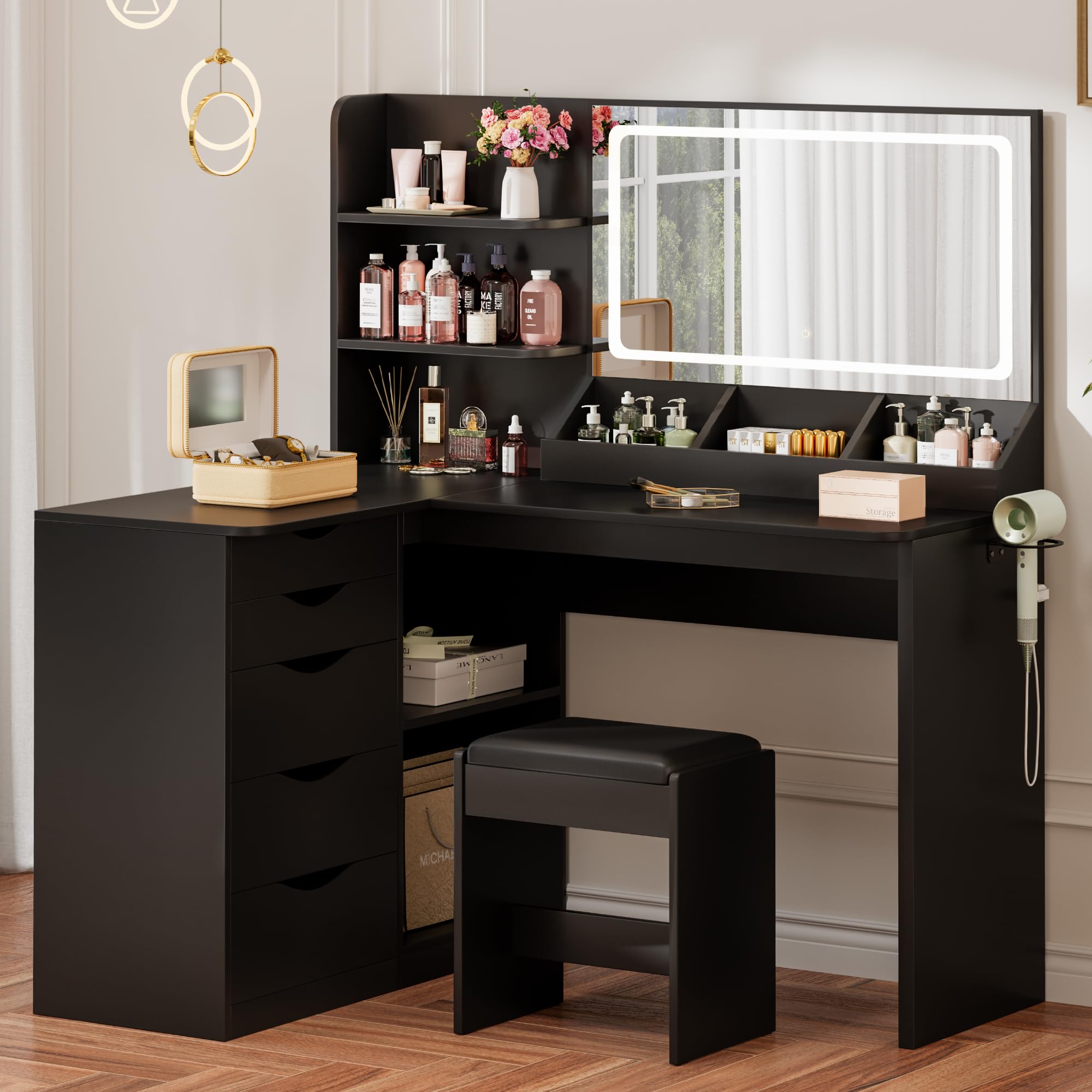 Furmax Vanity Desk with Mirror, L Shape Vanity, LED Lighted Mirror, with Power Outlet and 3 Storage Shelves, Makeup Table with 5 Drawers, 3 Color