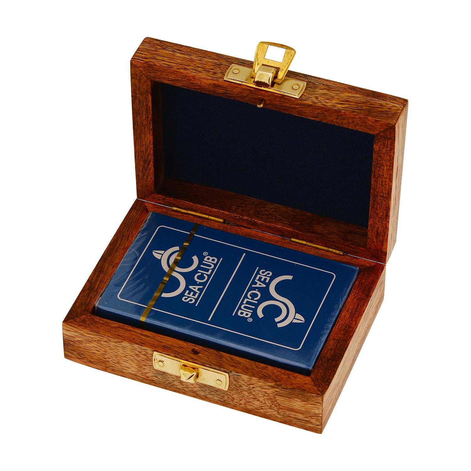 NKlaus Scatola per carte da gioco in legno di mango e ottone, 11 x 8 x 4 cm, decorazione nautica, scatola di carte per serate di gioco 15932