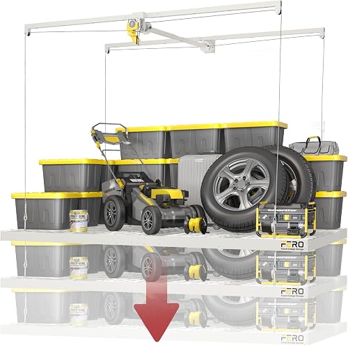 FERO 4x8 FT Garage Ceiling Storage Rack with Lift System - Heavy-Duty Overhead Storage, 325 lbs Capacity