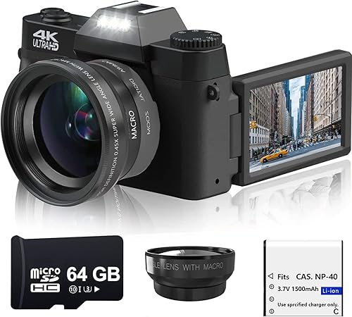 Acuvar Cámara digital 4K de 48 MP para fotografía, cámara de vlogging para YouTube con pantalla abatible de 3.0 pulgadas de 180, WiFi, zoom digital