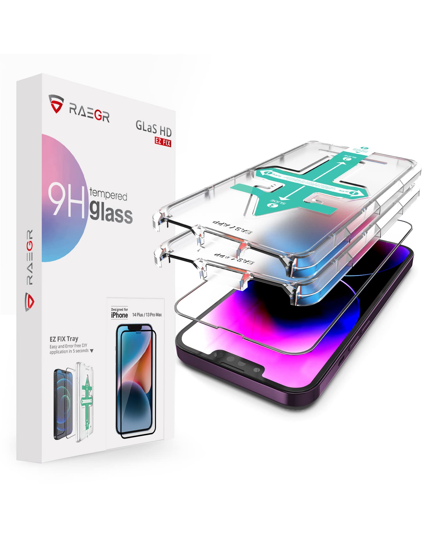 RAEGRScreen Protector, GLaS HD EZ Fix Full Cover Tempered Glass Screen Protector/Screen Guard Compatible with iPhone 14 Plus / 13 Pro Max (6.7-Inch) 2022 - RG10385 (Pack of 2 with Easy Applicator)