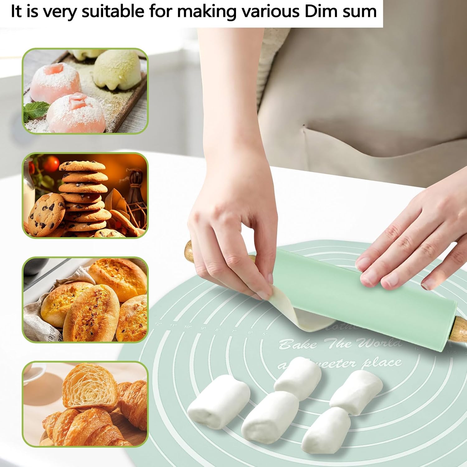 Silicone Rolling Pin Backing Mat Set, 13" Dough Roller with Non Stick Pastry Sheet, Small Fondant Roller Round Kneading Mat for Bread Cookie Pie Pizza Sourdough Kitchen (Mint Green)