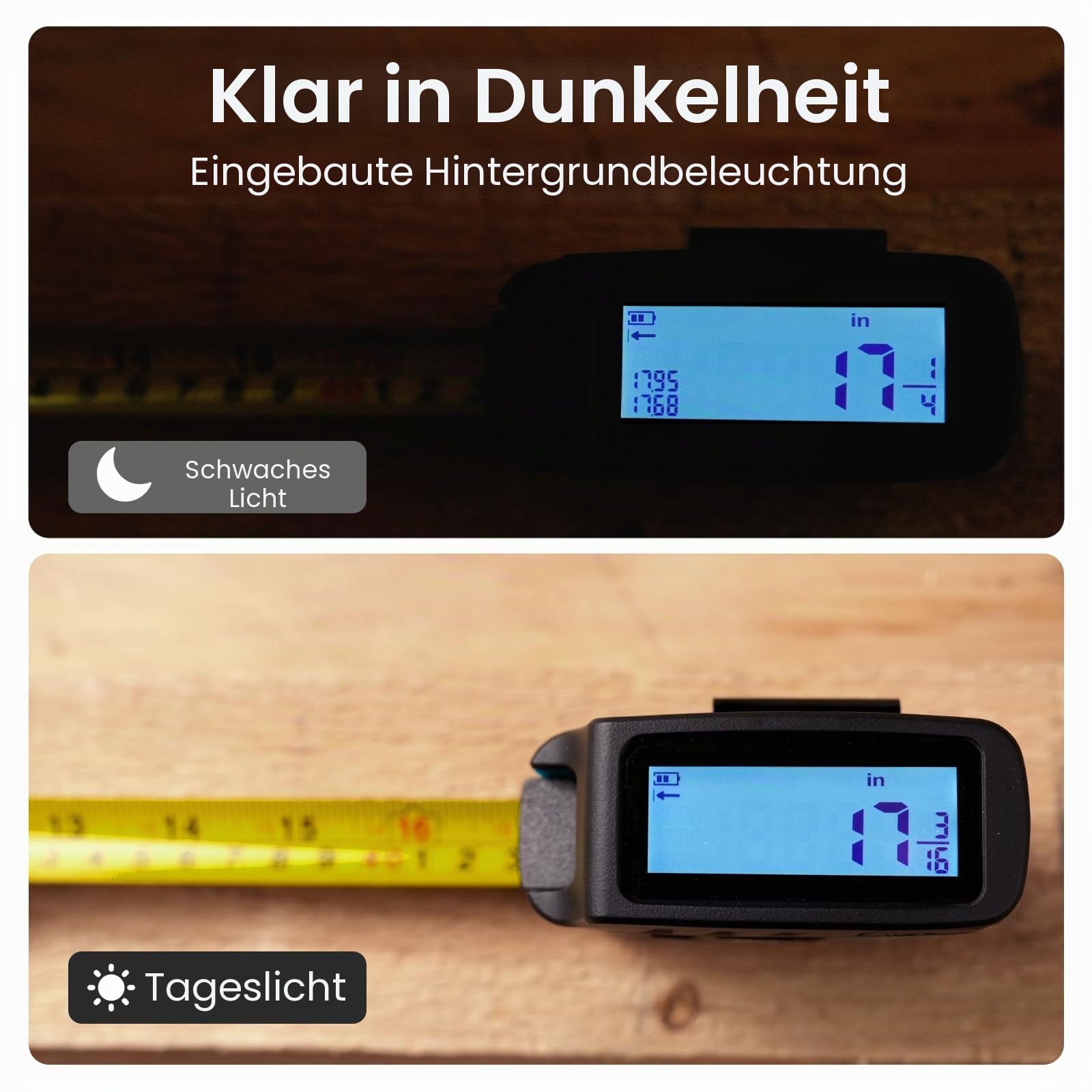 ACPOTEL DT20 Digitales Maßband 5M – 6 metrische & imperiale Einheiten, einstellbares einziehbares Digitalmessband mit Bruchanzeige 1/16, wiederaufladbares Messgerät für Entfernung/Fläche/Volumen, Gelb