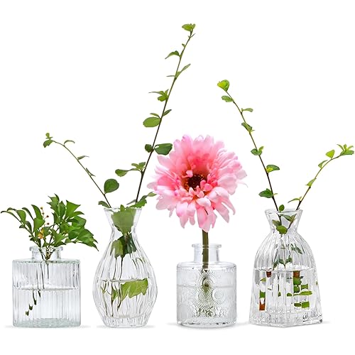 Mapoxy Glass Bud Vases Set of 4,Small Flower Vases for Wedding Centerpiece Table Decorations,Clear Vintage Embossed Mini Vases,Flower Arrangements in Vases for Party or Home Decor