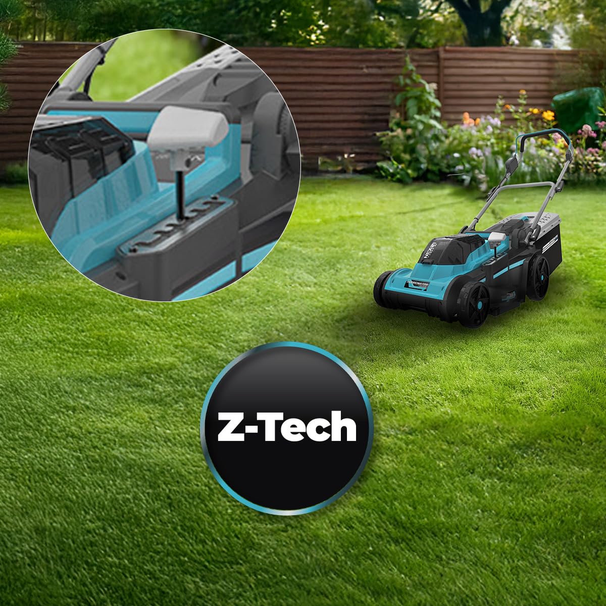 Cecotec Terrenator kosiarka akumulatorowa E7 Liberty Z Plus. Bezszczotkowy silnik bezszczotkowy, działa 2 baterie 21 V 4 Ah, zmiana wysokości systemu Z-Tech, szerokość 43 cm, 3w1 mulczowanie tylnych