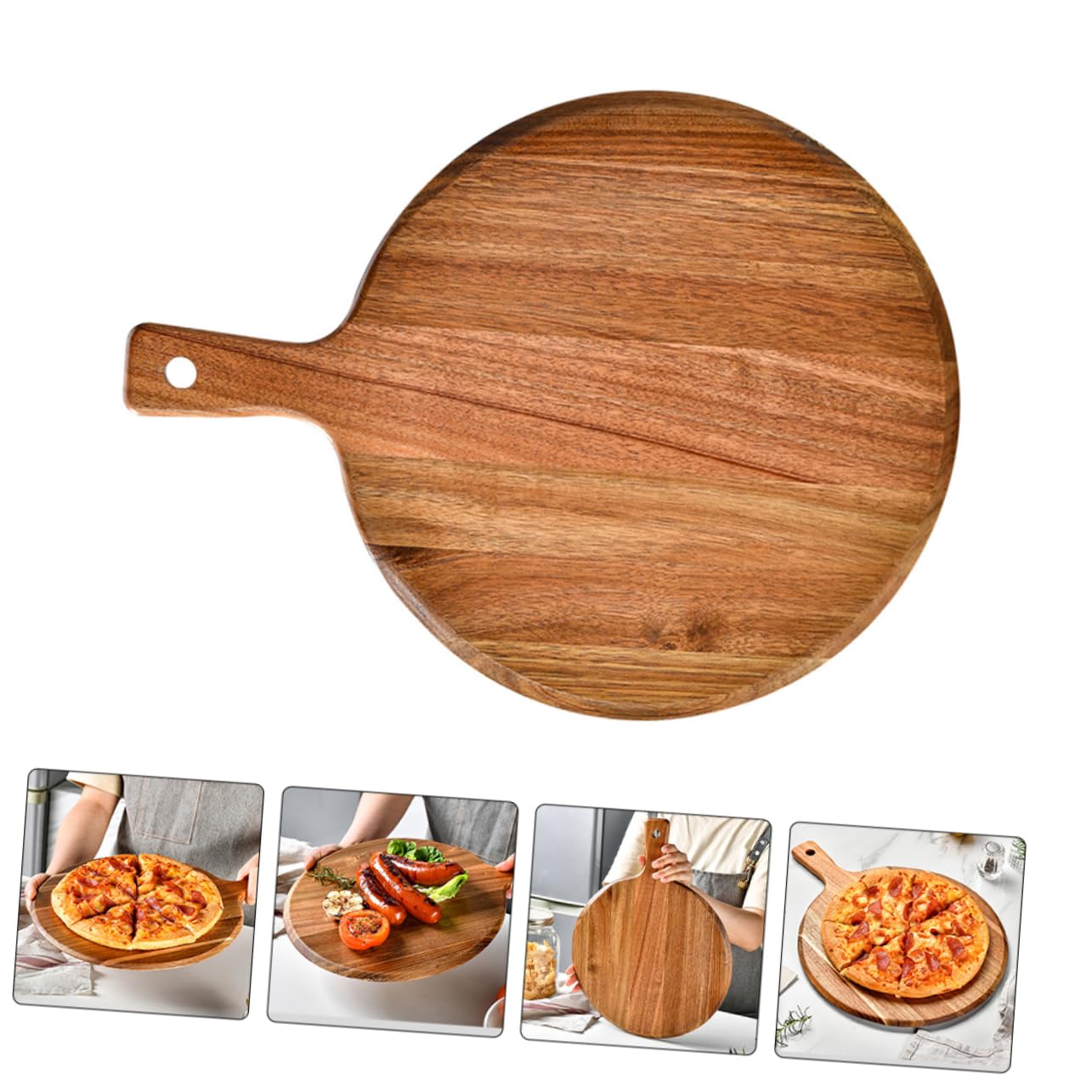 Zerodeko Tabla Redonda de Madera para Pizza y Pan con Asa Plato Multi Funcional para Servir Comidas para Charcutería y Postres Resistente y Práctico Decorativo y Estético para Hogar