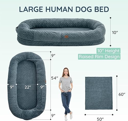 Miniatura 2 de Cama humana para perros adultos  Cama de lujo de piel sintética para perros tamaño gigante con asa portátil, cama ortopédica de espuma con manta, 72