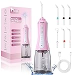 MOCEL Water Dental Flosser for Teeth - 350ML Large Tank 5 Modes & 6 Tips Cordless, Oral Irrigator Waterproof, Portable Teeth Cleaning and Flossing with Effective Plaque Remover for Adults (Pink)