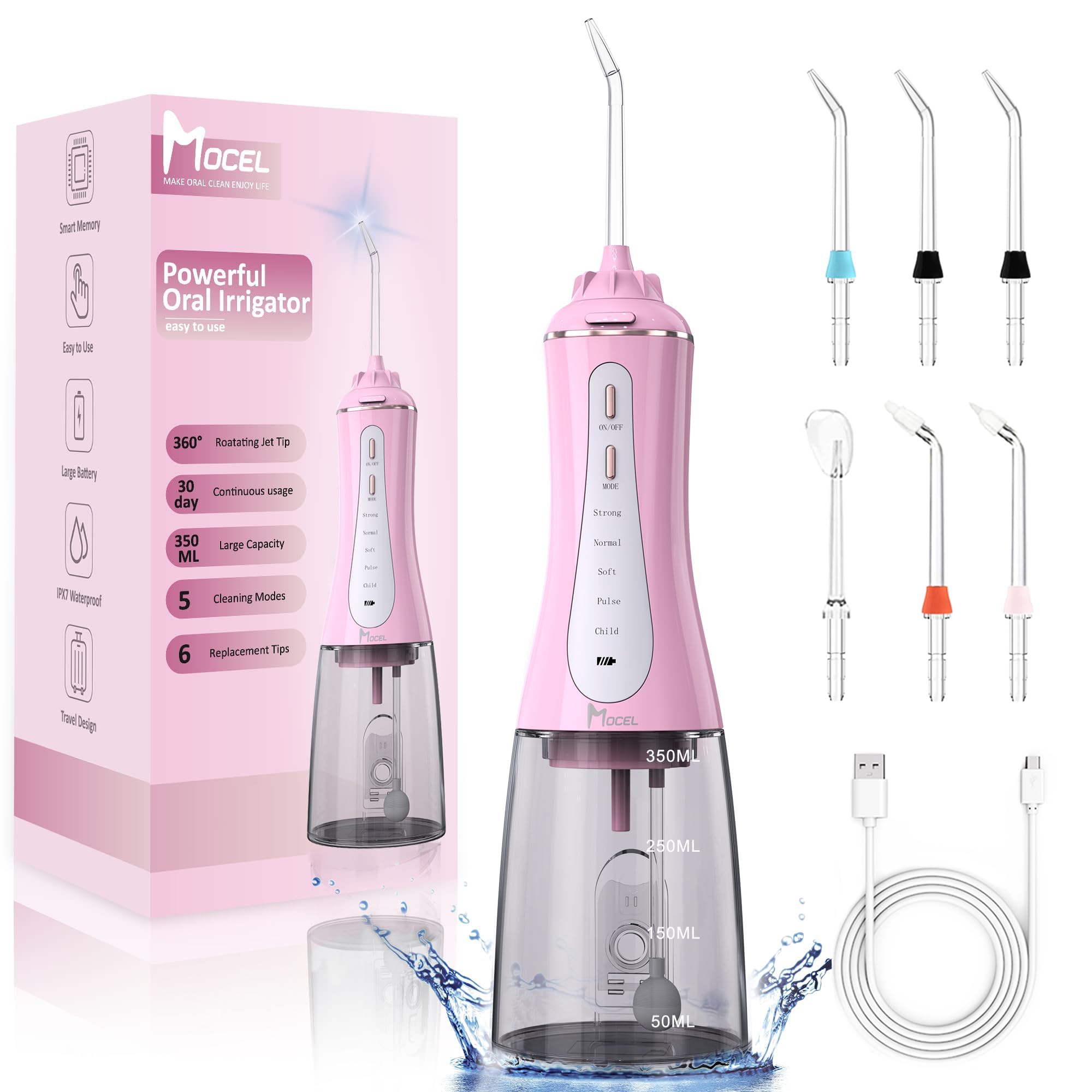 Water Dental Flosser for Teeth - 350ML Large Tank 5 Modes & 6 Tips Cordless, Oral Irrigator Waterproof, Portable Teeth Cleaning and Flossing with Effective Plaque Remover for Adults (Pink)